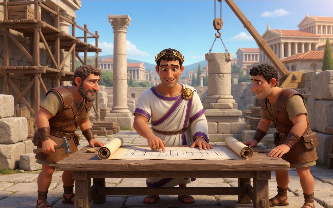 Roman mayor reviewing a city plan with builders