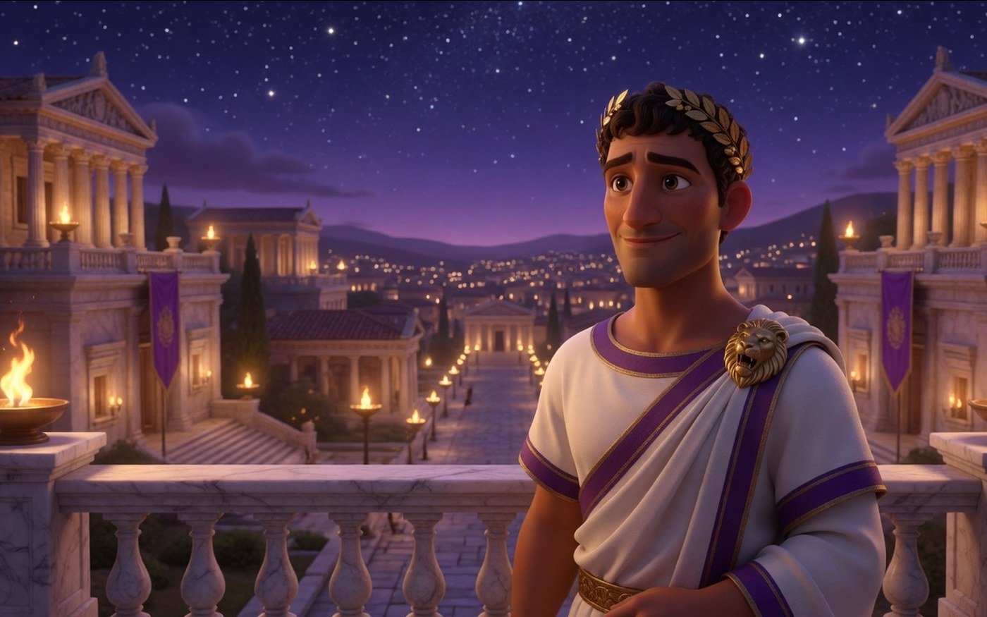 Roman mayor overlooking the city at night