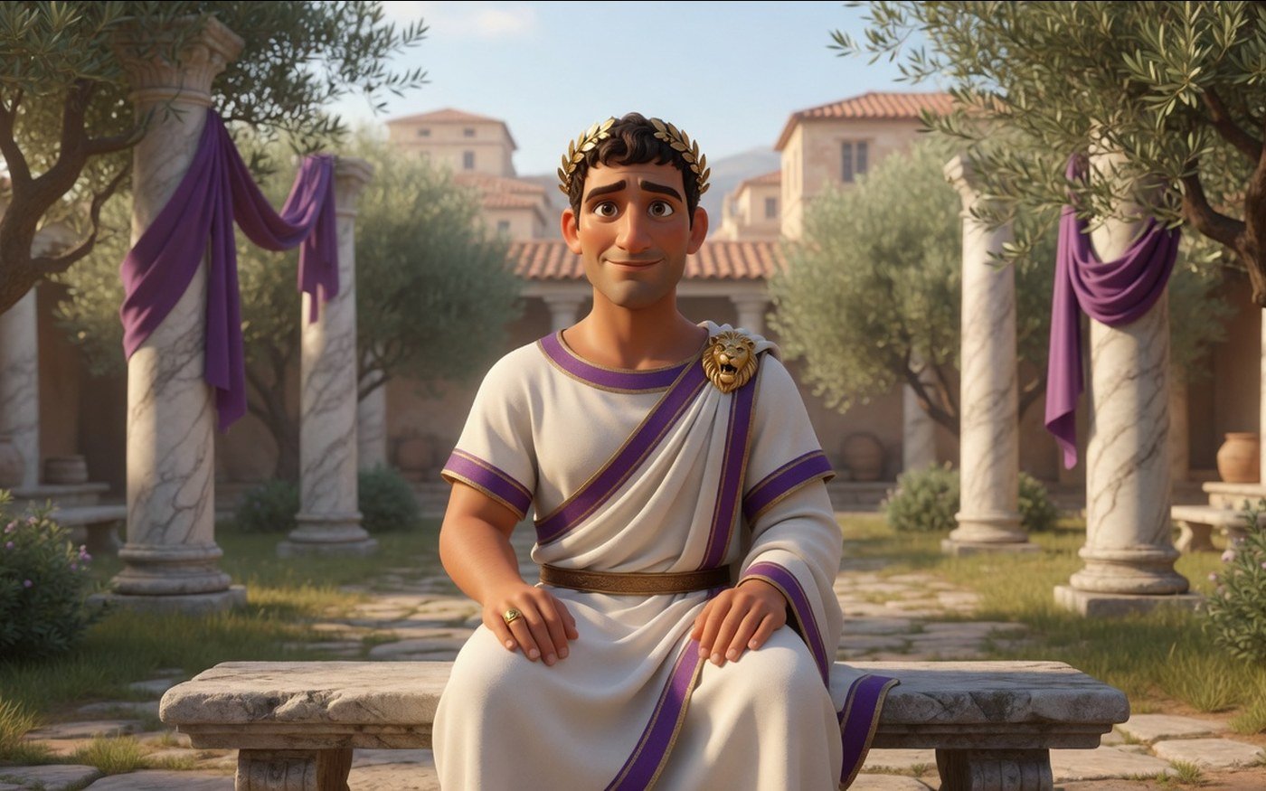 Roman mayor in a quiet olive courtyard