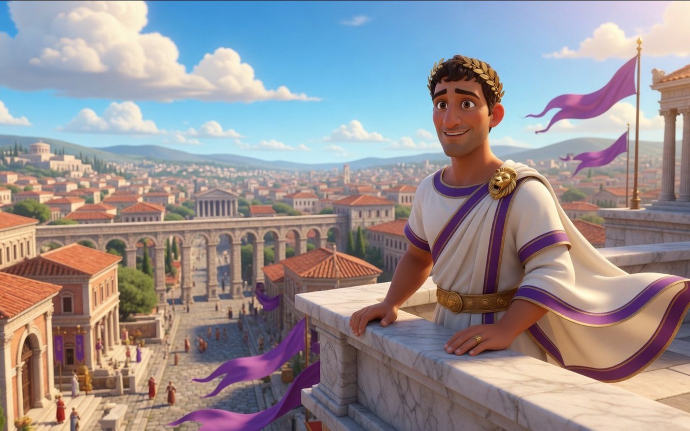 Roman mayor on a rooftop overlooking aqueducts